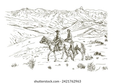 Two cowboys on horseback in the countryside