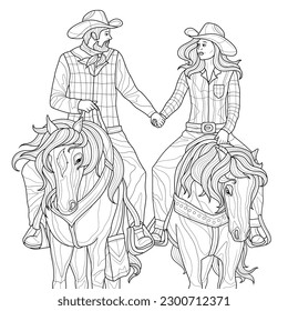 
Dos vaqueros a caballo. Colorante libro antiestrés para adultos. Ilustración aislada sobre fondo blanco. Estilo zenano-margino. Dibujo manual