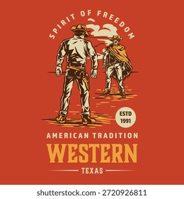 Dois cowboys se enfrentam em um ambiente selvagem no oeste. O sol se põe no fundo projetando longas sombras no chão. A poeira gira ao redor deles enquanto se preparam para um confronto.