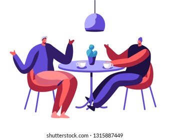 Two Coworker Businessman Colleague Chatting during Cup of Coffee or Tea Break at Cafe Table. Man Friendship. Guy Dialog at Lunch Isolated on White Background. Flat Cartoon Vector Illustration