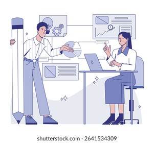 Two coworkers discussing data analysis with charts and graphs on background, flat graphic style, on white background. Concept of teamwork and business planning. Vector illustration