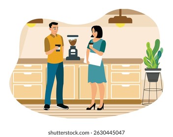 Two coworkers enjoying a break at the office. Chatting, relaxing, and drinking coffee in the office kitchen. Flat vector illustration.