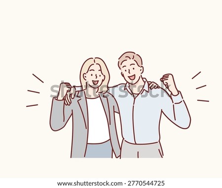 Two Coworkers Striking an Encouraging Pose for Success and Motivation Original vector illustration drawn by hand.