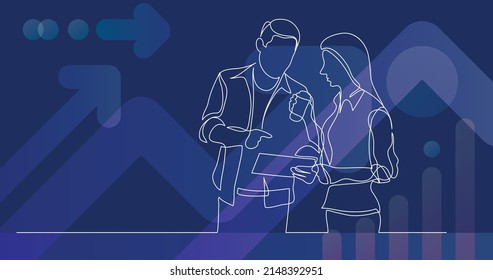 two coworkers talking together about work - one line drawing