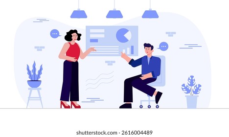 Two coworkers viewing financial dashboard. market insights and analytics. flat illustration