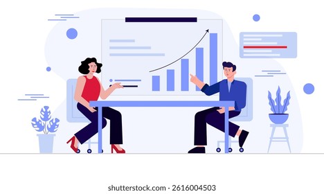 Two coworkers viewing financial dashboard. market graphic and analytics. flat illustration