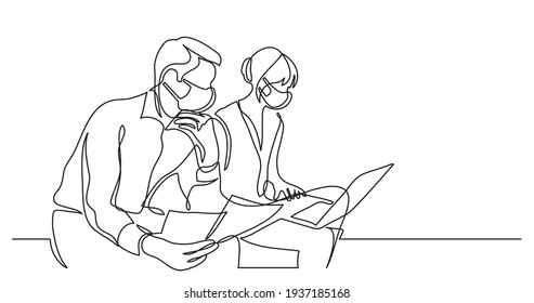 two coworkers wearing face masks working on documents with laptop computer - single line drawing