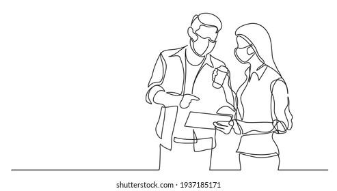 two coworkers wearing face masks talking together about work    one line drawing