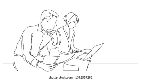 two coworkers working on documents with laptop computer - single line drawing