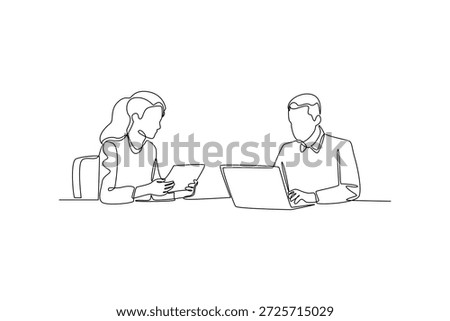 Two Coworkers Working Together on Laptop. Coworkers collaborating Concept. Single line draw design. Vector graphic illustration