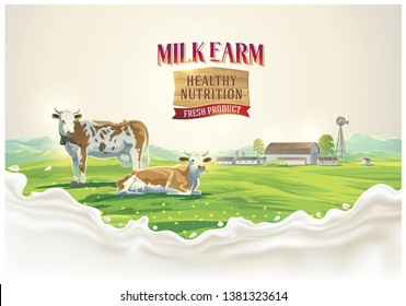 Two cows in the background of the summer landscape and splash from the milk, as well as graphic elements.