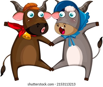 Two cows cartoon character illustration