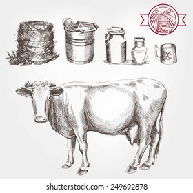 two cows and dairy products set of vector sketches on a white background