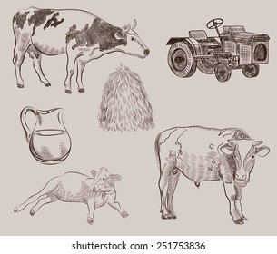 two cows and dairy products set of vector sketches on  background
