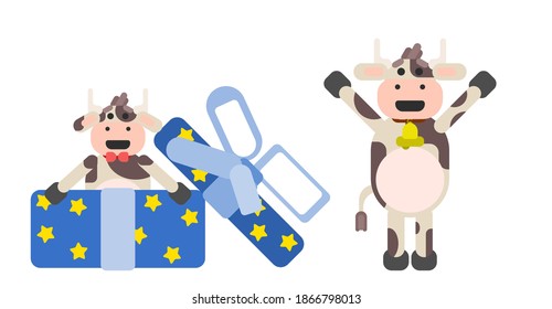 two cows in flat style. In a box with a butterfly and a bell around his neck. flat style vector