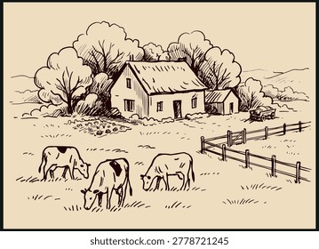 Two cows grazing in fenced pasture with farmhouse trees and rolling hills in rustic sepia countryside sketch