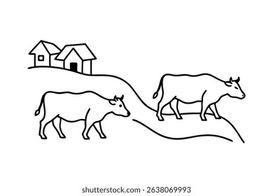 Two cows grazing in pasture line drawing farm houses