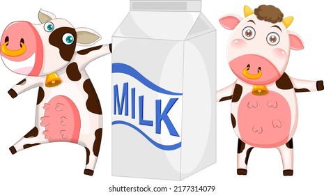 Two Cows Holding Milk Box Illustration