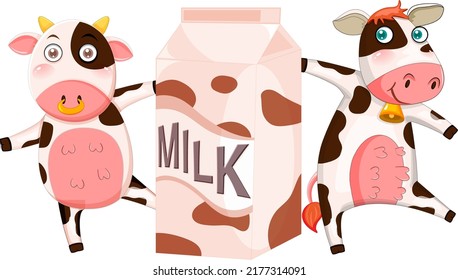 Two Cows Holding Milk Box Illustration