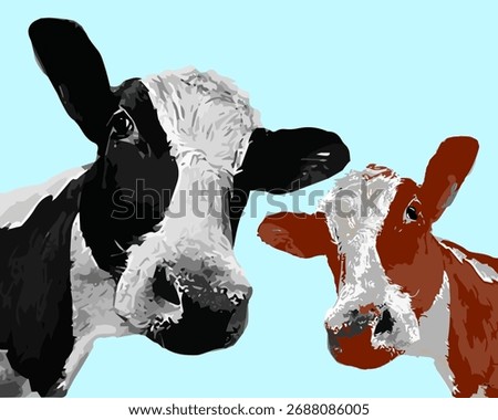 Two cows looking at you, a black cow and a brown cow. Happy, curious cows.