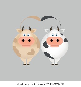 two cows in love. pair of cows with heart-shaped tails. vector illustration, eps 10.