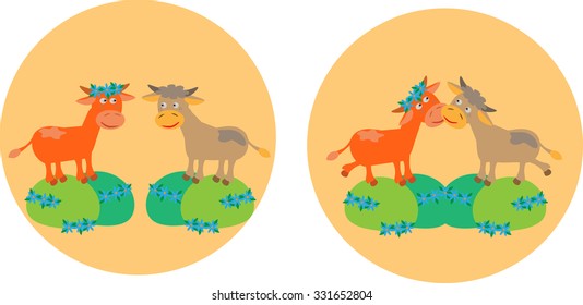 two cows in love under the sun flowers on grassland cow vector cartoon cute kiss isolated