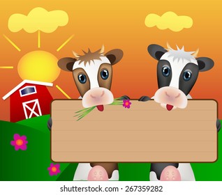 Two cows on farm with wood board