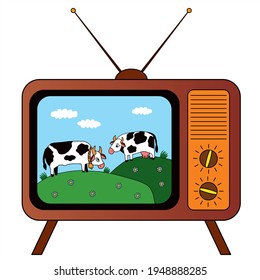 Dos vacas en una pantalla de la televisión antigua. Vector de color para tarjeta o regalo. 