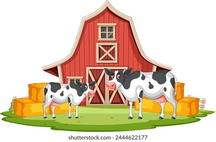 Two cows outside a barn with hay bales.