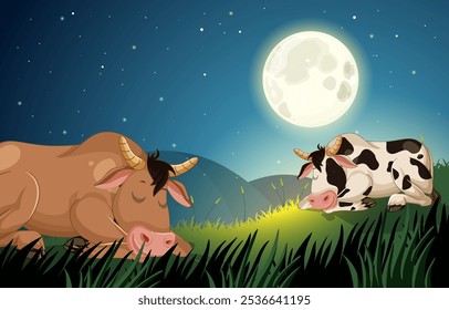 Two cows peacefully resting in moonlit field