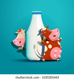 Two cows standing near the bottle of milk