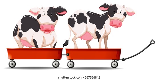 Two cows standing in red wagons illustration