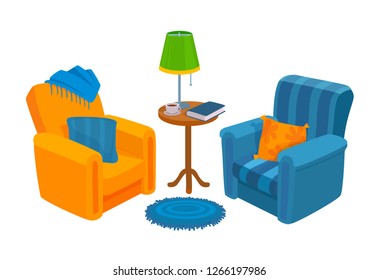 Two cozy chairs. Home colorful furniture. Vector flat design cartoon illustration isolated on white background.