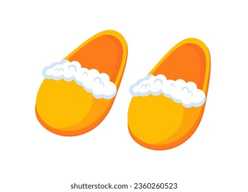 Two cozy slippers concept. Rubber element of clothing for summer season. Yellow shoes with soft white cotton. Social media sticker. Cartoon flat vector illustration isolated on white background