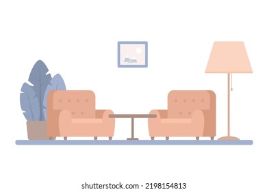 Two cozy soft three-quarter armchairs and coffee table on white background. Home interior concept. Cartoon flat style. Vector illustration
