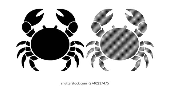 Two crab icons, one solid black and one hatched, displayed on a white background. Seafood and wildlife theme.
