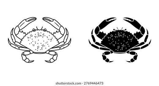 Two crab illustrations, one line drawing and one black silhouette. Ideal for seafood menus, ocean themes, and culinary designs.