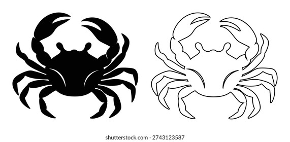 Two crab illustrations, one solid black and one outline, on a white background