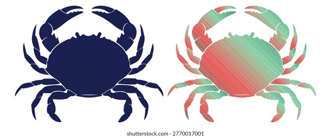 Two crabs one dark blue silhouette other colorful textured. Ocean life symbol.