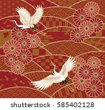 Two cranes and chrysanthemums Japanese traditional wave pattern