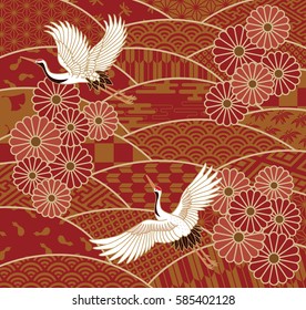 Two cranes and chrysanthemums Japanese traditional wave pattern