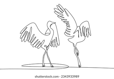 Two cranes stand side by side. Beautiful birds. World Crane Day. One line drawing for different uses. Vector illustration.