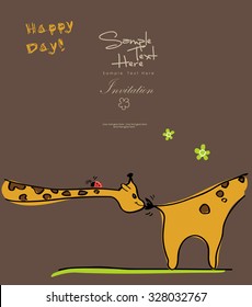 Two Crazy Giraffe couple having fun, teasing / flirting each other and a red ladybug 