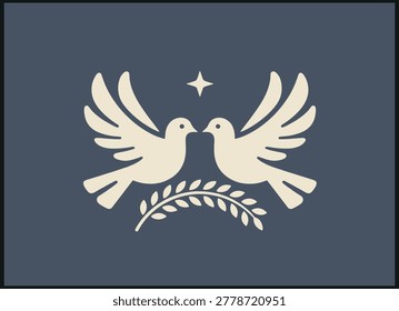 Two cream doves facing each other with wings spread olive branch and star symbol on dark blue background in peaceful style