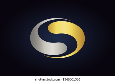 Two creative abstract shapes on dark background. Minimalistic business vector logo. Silver and gold metal colors mix.