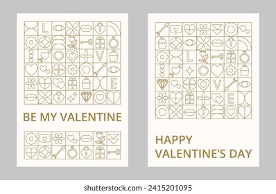 Two creative cards of abstract geometric outline shape and text for Happy Valentine's Day. Background of golden line icons with symbol of love. Trendy design for card or poster, advertising, branding.