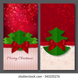 Two creative Christmas cards, invitation, flyer. Christmas trees made from paper. Merry Christmas and Happy New Year background. Festive banner. Vector template
