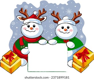 Two creative elegant snowmen holding Christmas announcement boxes with snowflakes gifts Vector