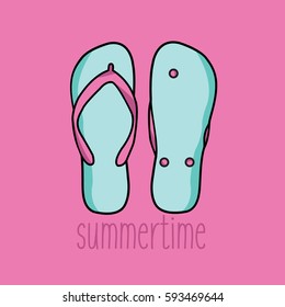 two creative flip-flops. one flip flop upside down clean modern and upturned and one is normal in the summer on a flat design illustration on the summertime in pink background