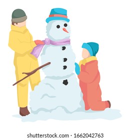Two creative kids are playing using the snowman they made
